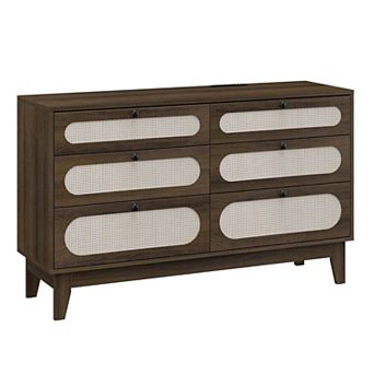 6 Drawer Rattan Dresser, Modern Wood Chest of Drawers Storage Cabinet for Bedroom Living Room