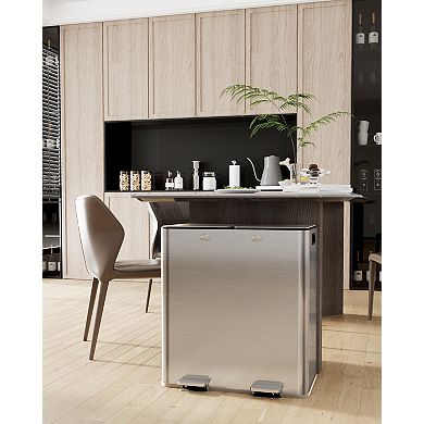 Dual Compartment Stainless Steel Trash Can, Hands-Free Pedal, Removable Inner Buckets