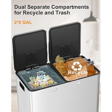 Dual Compartment Stainless Steel Trash Can, Hands-Free Pedal, Removable Inner Buckets