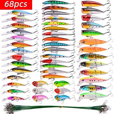 68pcs Fishing Lures Kit Minnow Popper Crank Baits Hooks