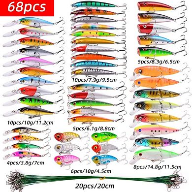 68pcs Fishing Lures Kit Minnow Popper Crank Baits Hooks