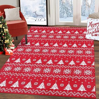Christmas Indoor Area Rug - Washable Non-Slip Low Pile Decorative Throw Carpet, Festive Xmas Rug