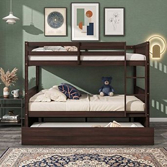 Sailvan Full Over Full Rubber Wood Bunk Bed with Trundle Ladder Guardrails, Convertible to 2 Beds