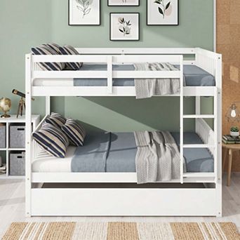 Sailvan Full Over Full Rubber Wood Bunk Bed with Trundle Ladder Guardrails, Convertible to 2 Beds
