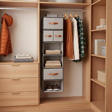 Hanging Closet Organizer 6-Shelf Split Design 5 Removable Drawers 4 Side Pockets