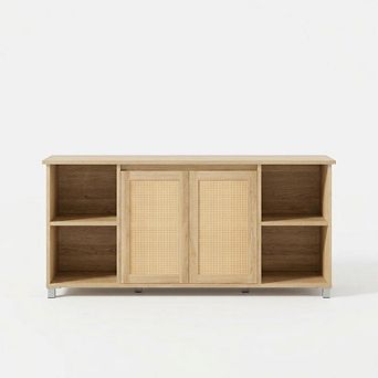 63" Farmhouse Rattan TV Stand, Wooden Media Console for 5570 Inch TV with Storage