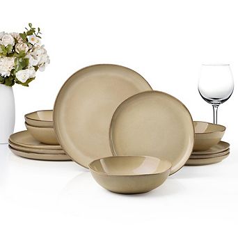 MOEPLSY12 pc Reactive Khaki Stoneware Dinnerware Set, Chip and Scratch Resistant Plates and Bowls