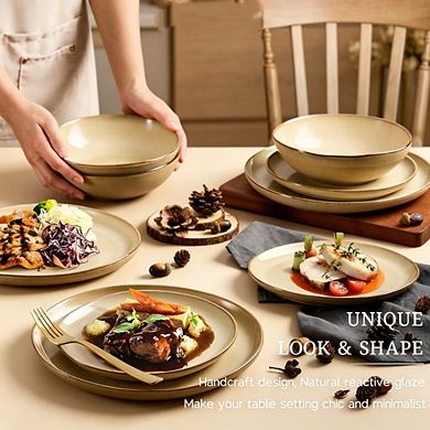 MOEPLSY12-Piece Reactive Khaki Stoneware Dinnerware Set, Chip and Scratch Resistant Plates and Bowls