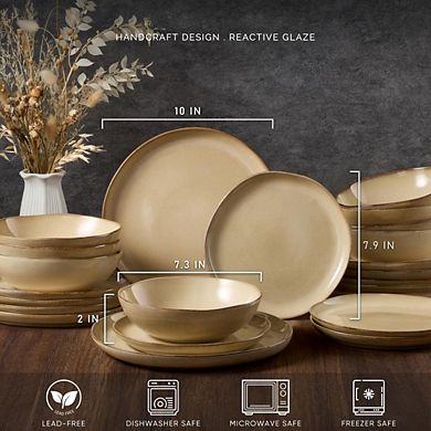 MOEPLSY12-Piece Reactive Khaki Stoneware Dinnerware Set, Chip and Scratch Resistant Plates and Bowls