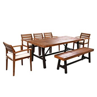 Eazegath 7 pc Outdoor Wood Rectangular Dining Table Set with 5 Chairs, Bench and Cushions