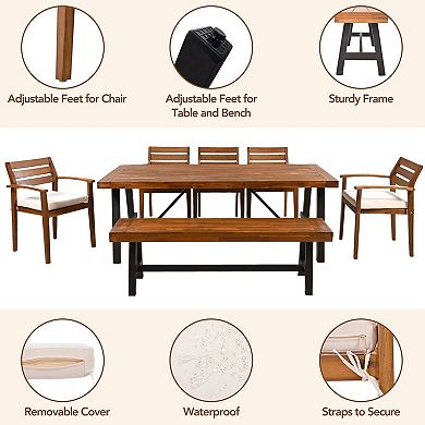 Eazegath 7-Piece Outdoor Wood Rectangular Dining Table Set with 5 Chairs, Bench and Cushions