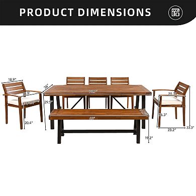 Eazegath 7-Piece Outdoor Wood Rectangular Dining Table Set with 5 Chairs, Bench and Cushions