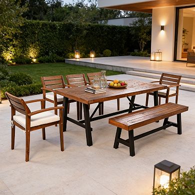 Eazegath 7-Piece Outdoor Wood Rectangular Dining Table Set with 5 Chairs, Bench and Cushions
