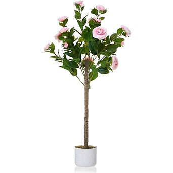 3.6ft Pink Faux Camellia Tree with Pot, Lifelike Flowers & Leaves