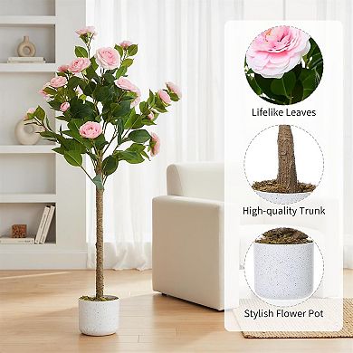 3.6ft Pink Faux Camellia Tree with Pot, Lifelike Flowers & Leaves