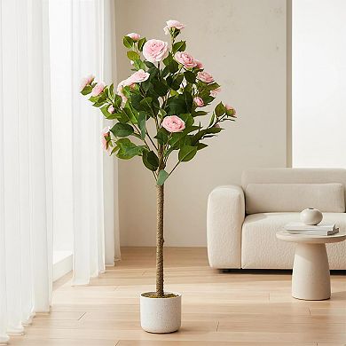 3.6ft Pink Faux Camellia Tree with Pot, Lifelike Flowers & Leaves