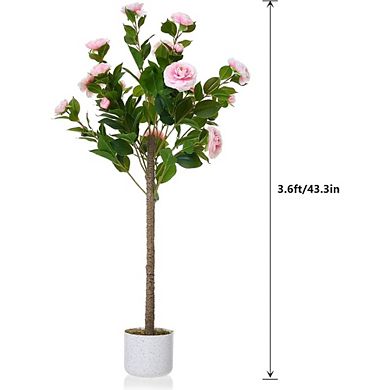 3.6ft Pink Faux Camellia Tree with Pot, Lifelike Flowers & Leaves