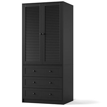 Wooden Armoire with Drawers & Hanging Rod, 2-Door Storage Wardrobe for Bedroom