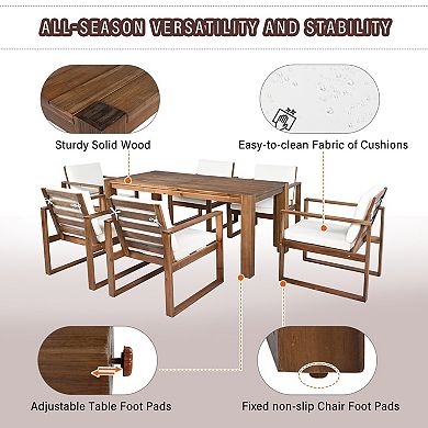 Eazegath 7-Piece Outdoor Wood Rectangular Dining Table Set with 6 Chairs and Cushions