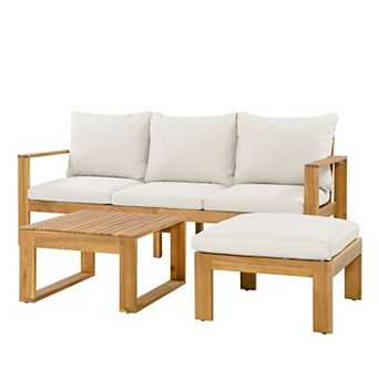 Eazegath 3 pc Outdoor Wood Conversation Sofa Set with Coffee Table and Ottoman
