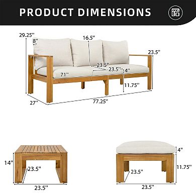 Eazegath 3-Piece Outdoor Wood Conversation Sofa Set with Coffee Table and Ottoman