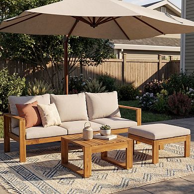 Eazegath 3-Piece Outdoor Wood Conversation Sofa Set with Coffee Table and Ottoman
