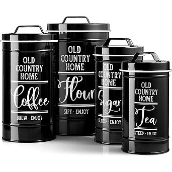 4 pc Black Airtight Kitchen Canister Set for Coffee, Tea, Sugar, Flour