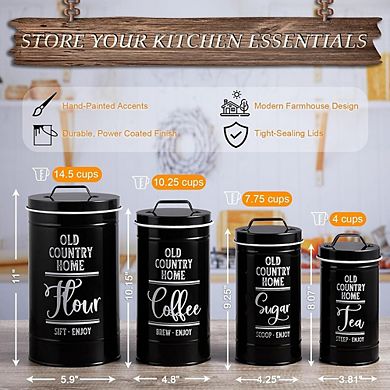 4-Piece Black Airtight Kitchen Canister Set for Coffee, Tea, Sugar, Flour