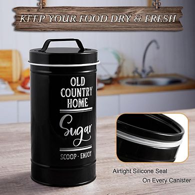 4-Piece Black Airtight Kitchen Canister Set for Coffee, Tea, Sugar, Flour