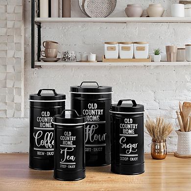 4-Piece Black Airtight Kitchen Canister Set for Coffee, Tea, Sugar, Flour