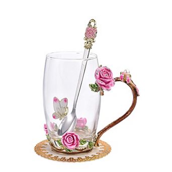 Enamel Rose Butterfly Glass Tea Cup Gift Spoon— Mother's Day Gift