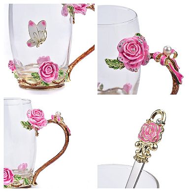 Enamel Rose Butterfly Glass Tea Cup Gift Spoon— Mother's Day Gift