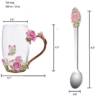 Enamel Rose Butterfly Glass Tea Cup Gift Spoon— Mother's Day Gift