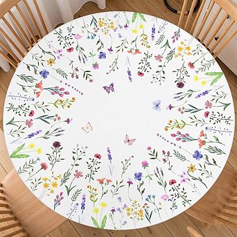Floral Round Elastic Tablecloth Washable Polyester Durable Easy Fit Decor