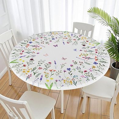 Floral Round Elastic Tablecloth Washable Polyester Durable Easy Fit Decor