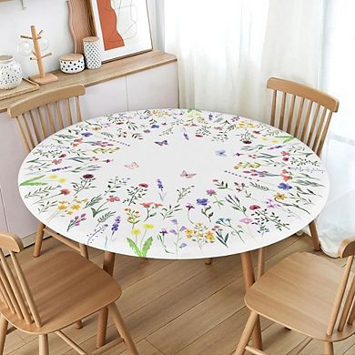 Floral Round Elastic Tablecloth Washable Polyester Durable Easy Fit Decor
