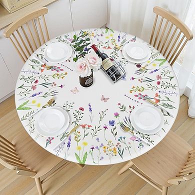 Floral Round Elastic Tablecloth Washable Polyester Durable Easy Fit Decor