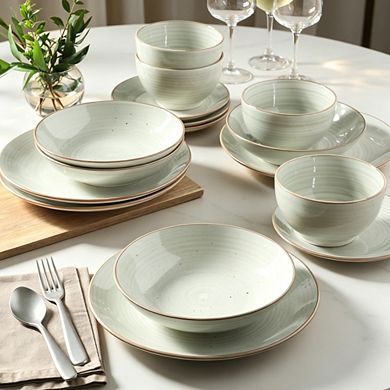 MOEPLSY16-Piece Handpainted Stoneware Dinnerware Set, Cream Grey Plates and Bowls