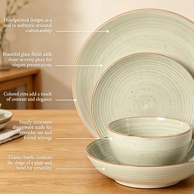 MOEPLSY16-Piece Handpainted Stoneware Dinnerware Set, Cream Grey Plates and Bowls