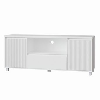 Modern Fluted TV Stand with Drawer, White Media Console for 6070 Inch TV with Cabinets