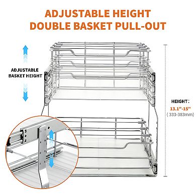 Double Sliding Drawer for Kitchen Cabinet Durable Carbon Steel Rails, Smooth Gliding Metal Basket
