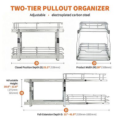 Double Sliding Drawer for Kitchen Cabinet Durable Carbon Steel Rails, Smooth Gliding Metal Basket