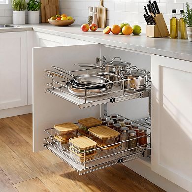 Double Sliding Drawer for Kitchen Cabinet Durable Carbon Steel Rails, Smooth Gliding Metal Basket