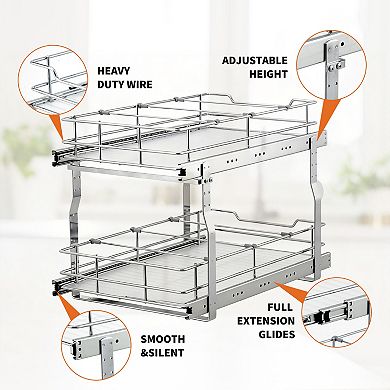 Double Sliding Drawer for Kitchen Cabinet Durable Carbon Steel Rails, Smooth Gliding Metal Basket