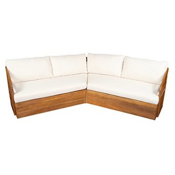 Eazegath 2 pc Outdoor Wood V-Shaped Setctional Sofa Set with Beige Cushions