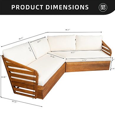 Eazegath 2-Piece Outdoor Wood V-Shaped Setctional Sofa Set with Beige Cushions