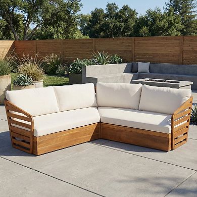 Eazegath 2-Piece Outdoor Wood V-Shaped Setctional Sofa Set with Beige Cushions