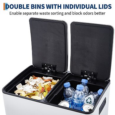 Large Capacity Dual Compartment Kitchen Trash Can, Stainless Steel, Removable Buckets