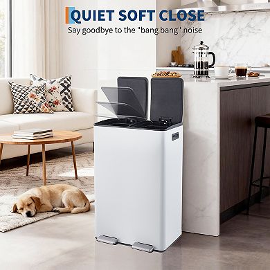 Large Capacity Dual Compartment Kitchen Trash Can, Stainless Steel, Removable Buckets