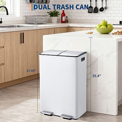 Large Capacity Dual Compartment Kitchen Trash Can, Stainless Steel, Removable Buckets